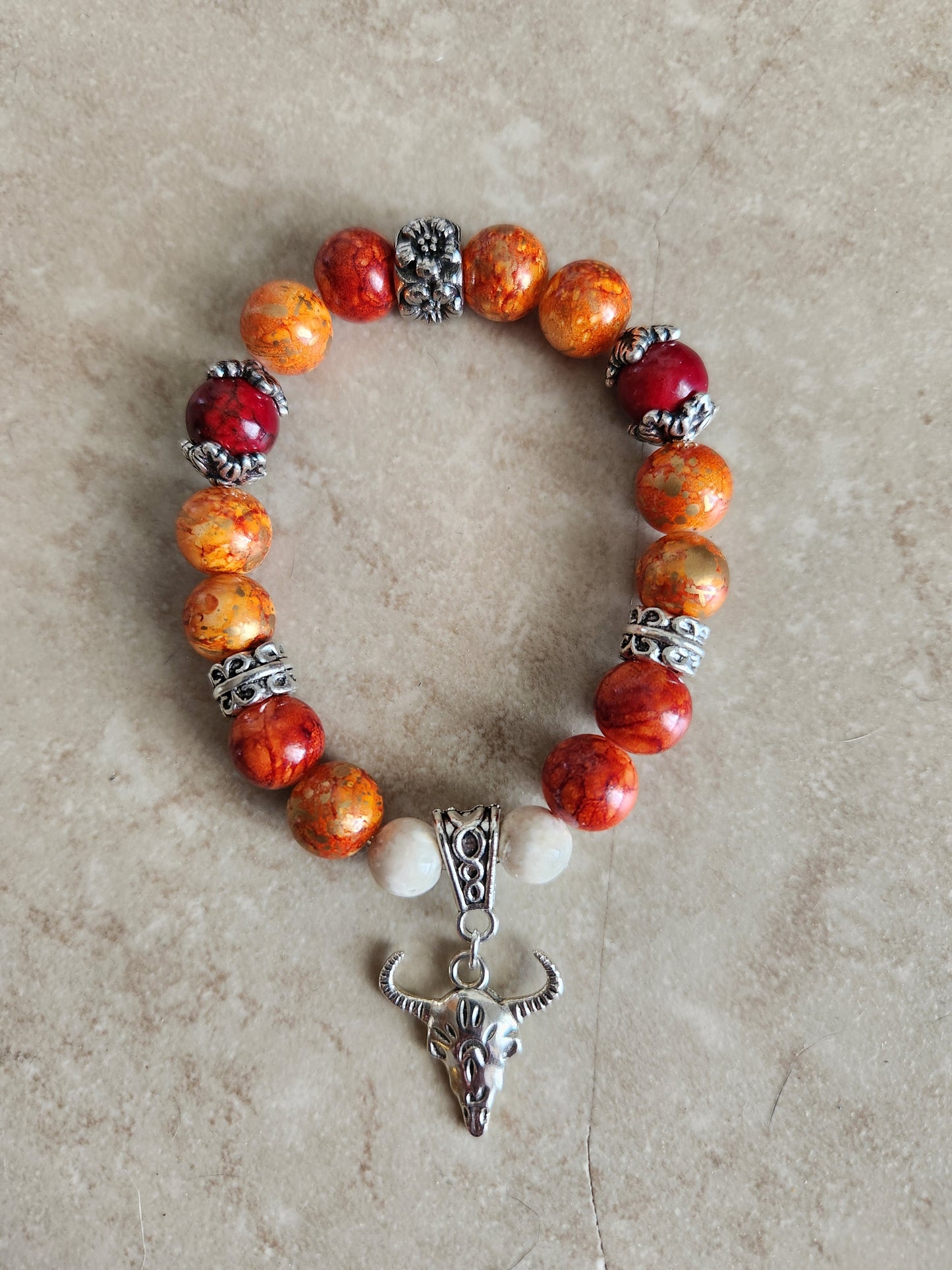 Red/orange glass bead bull skull bracelet